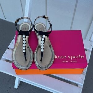 kate spade “Ivana” Black Pearl-Embellished T-Strap Sandals